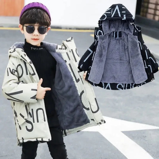 Winter Thick Warm Coats Fashion Letter Print Cotton Down Jacket Hooded Windbreaker Outerwear for Children Clothes Boy Jacket - Girl Jacket