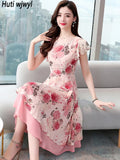 Pink Floral Ruffle Casual Boho Beach Kawaii Sundress Woman Chic Sexy  Midi Dress Korean Elegant Bodycon Evening Vestido women prom