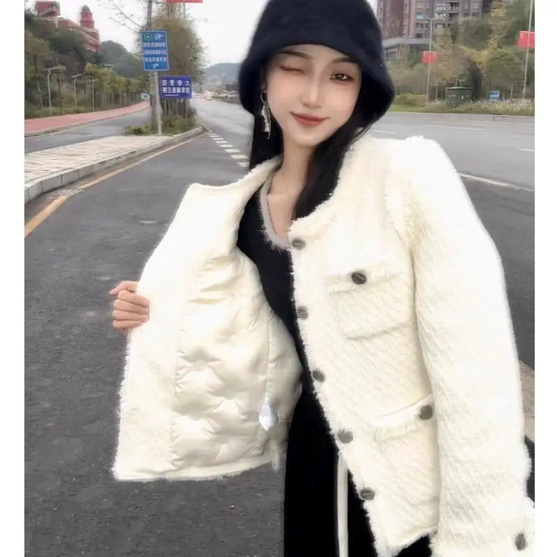 Cropped Tweed Coat Women Korean Fashion Long Sleeve Autumn Winter Jacket Plus Size Loose Single Breasted Warm Vintage Overcoat Women Coats - Women Jacket