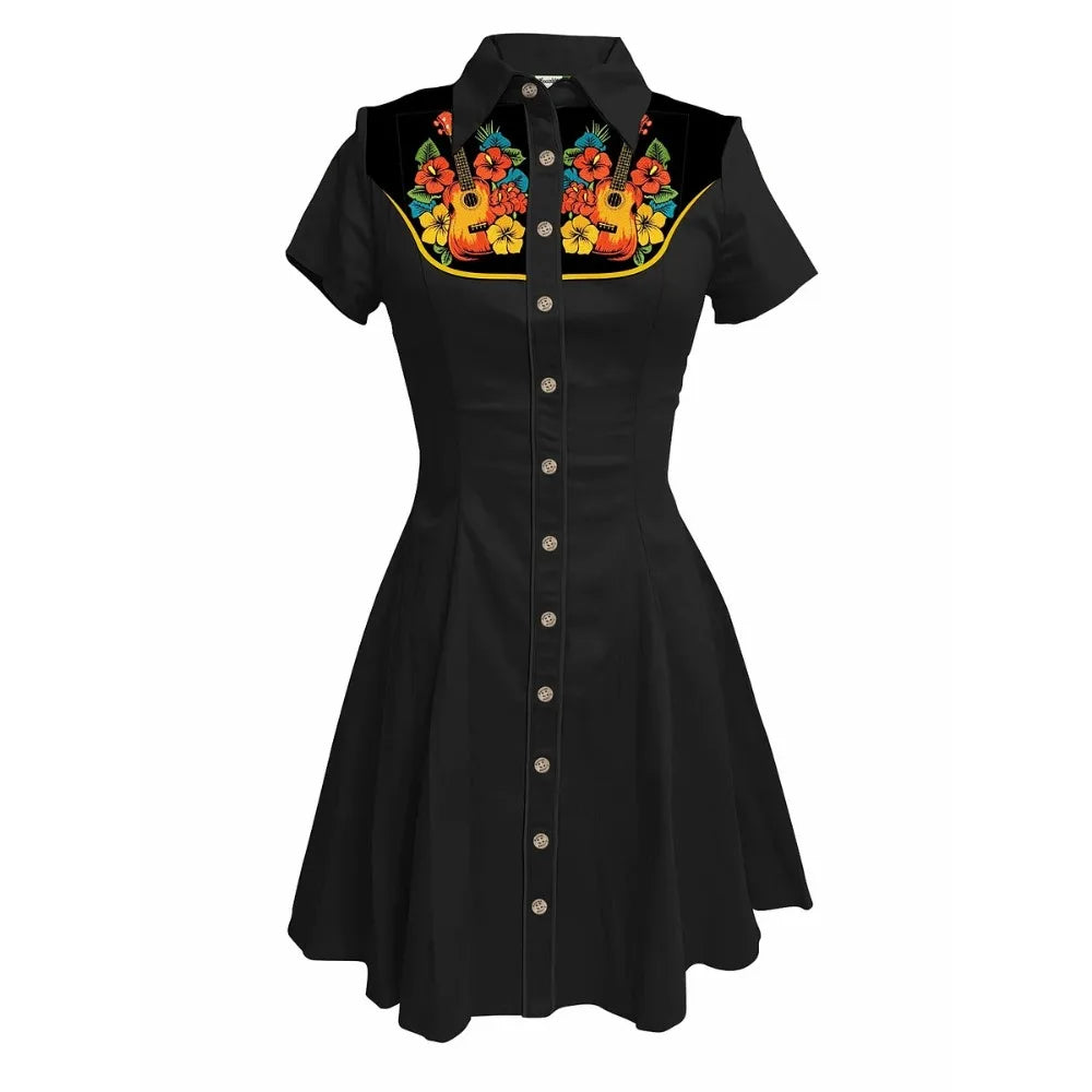 Western Vintage Flower Printed Western Cowboy Dress Women Button-down Dress Short Sleeves 100% Cotton Dress Summer Streetwear