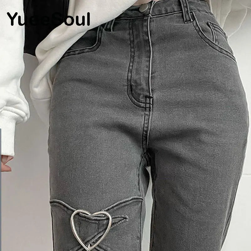 Love Metal Gray High Waist Flares Pants New Fashion Y2K Vintage Cute Sweet Casual E girl Female Clothes Women Jeans - Girls Jeans