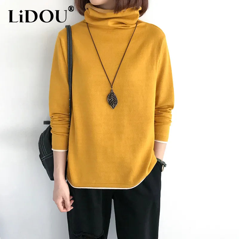 Autumn Winter Solid Color Fashion Turtleneck Long Sleeve T-Shirts Loose Warm Comfortable All-match Pullovers women tops - women casual