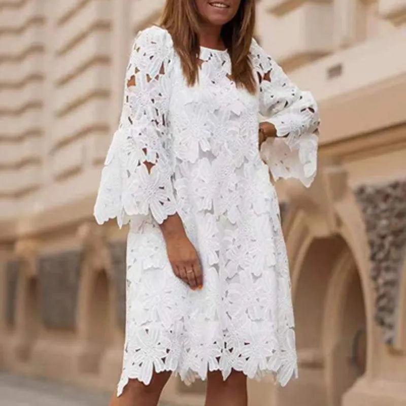 Fashion White Embroidered Summer Dress Woman Elegant O Neck Half Sleeve Pullover Dress Ladies Hollow Loose Dresses Women Casual - Women Prom