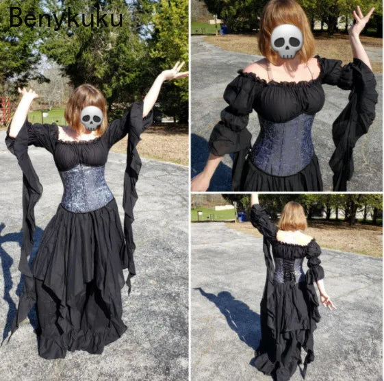 Vintage Victorian Medieval Renaissance Black Gothic Dress Woman Cosplay Halloween Costume Princess Gown Women Plus Size Clothing - Women Prom