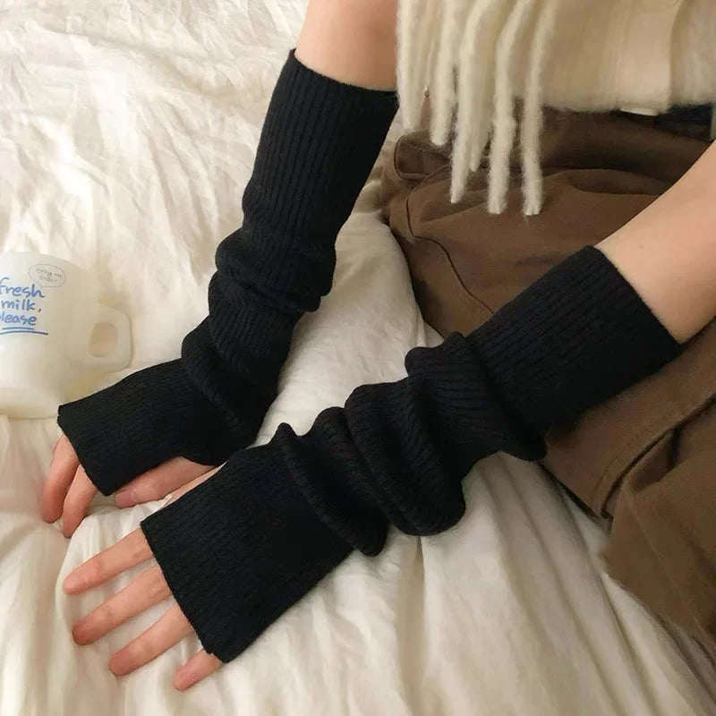 Knitted Long Fingerless Gloves Woman Mitten Winter Y2K Solid Arm Warmer Sleeves Fashion Soft Girls Clothes Punk Glove women short - women contemporary