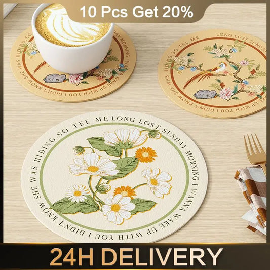 Dining Mat Flowers Pattern Round Kitchen Accessories Heat Insulation Pad Waterproof Coffee Table Mat Table Mat Oil-proof