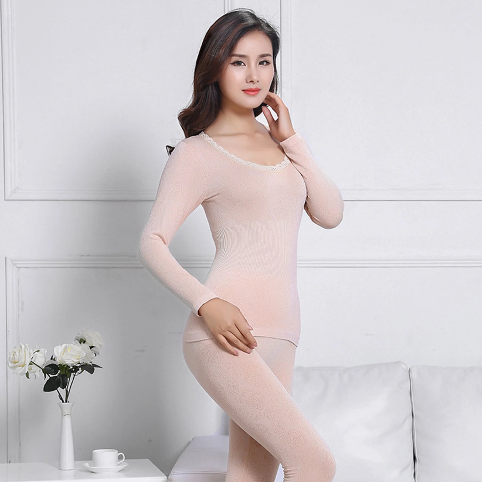 Woman Thermal Underwear Sexy Winter Clothes Seamless Lace Neck Thermal Clothing Set Woman 2 Pieces Long Johns for Women Lingerie