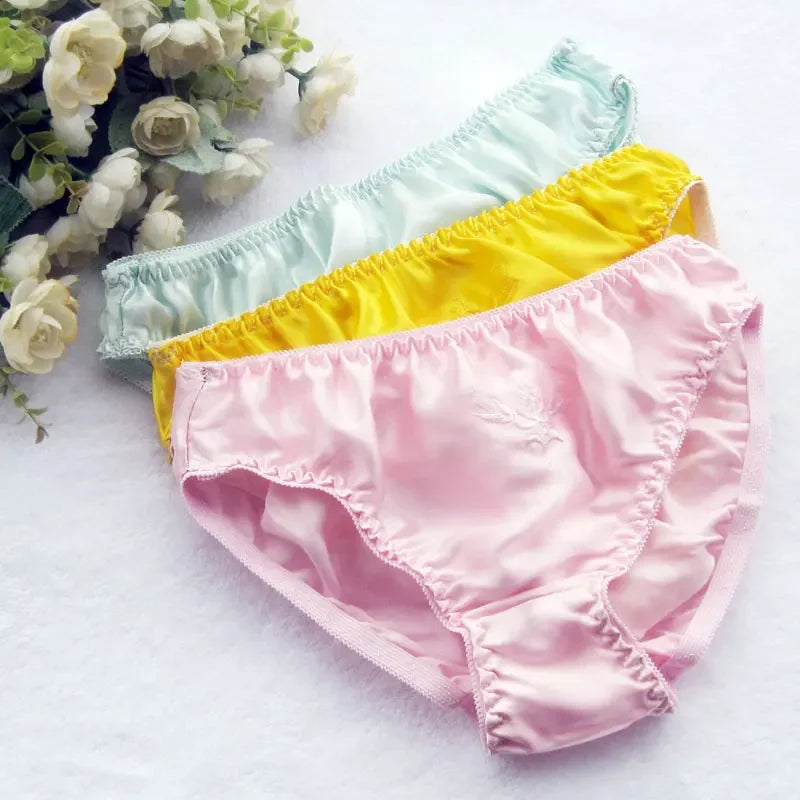 3pcs/lot Women Silk Satin Panties Female Floral Embroidery Underwear  Pack Ladies Knickers Briefs - Women Lingerie