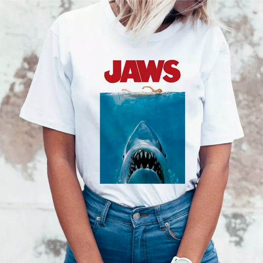 Jaws shark t-shirt woman new summer print white short sleeve women fashion t-shirts graphic tee female clothing women casual - women tops