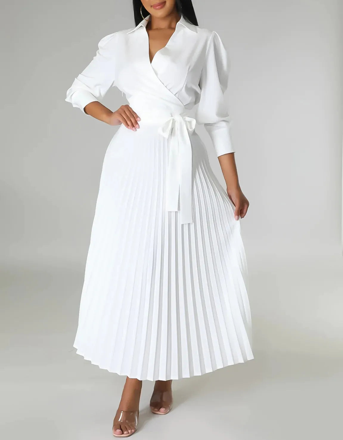 Summer Pleated Maxi Dress Solid Turn Down Collar Half Sleeve Ruched Party Club Work Business Wedding Dress Women Casual - Women Dress For Work - Women Prom