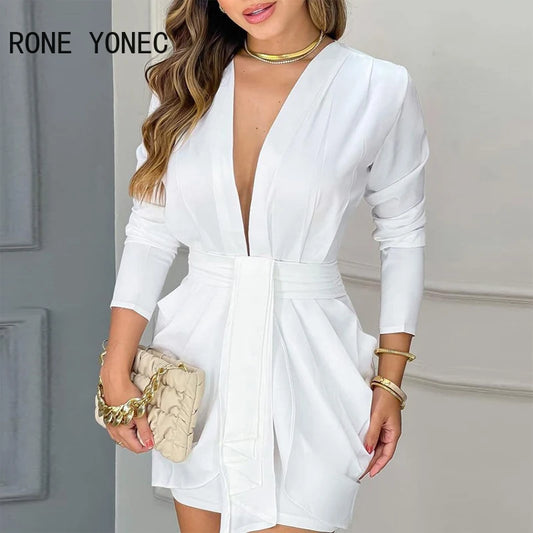 Woman Chic Elegant Long Sleeves Deep V Neck Mini A-Line Ruffles Formal Party & Working White Dresses Women Dress For Work