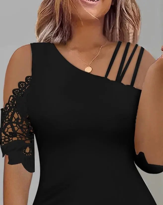 Top Woman Summer Fashion Lace Patch Asymmetrical Neck Cold Shoulder Half Sleeve Plain Daily T-Shirt Top Y2K Clothes Women Casual - Women Tops