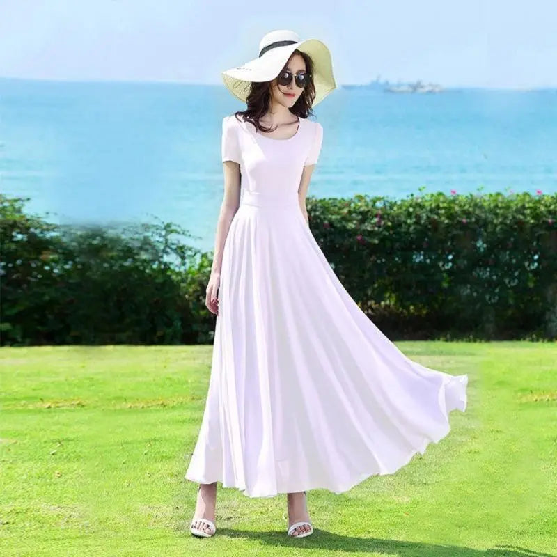 Fashion Solid Color Short Sleeve Noble Slender Long Skirt Popularity O-neck Empire Chiffon Summer women casual - Girl Tops