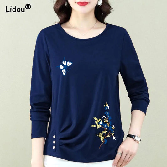 New Spring and Autumn Fashionable Versatile Round Neck Printed Panel Button Long Sleeve Loose Casual Women's T-shirt women short - women tops - women casual