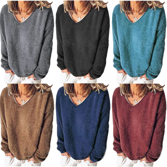 Women's t-shirt Casual Women's Clothing Female Solid Color Long Sleeve Fleece Loose Winter Warm Sweater Jumper Pullover Tops hot Women Casual