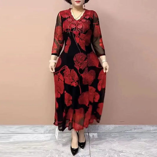 Female Clothing Vintage Leaf Printed Long Dress Elegant V-Neck Spring Summer New Casual 3/4 Sleeve Chic Diamonds A-Line Dresses women casual