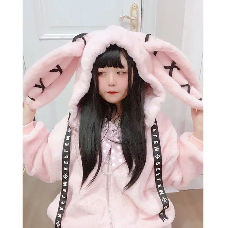 Lolita Cute Hooded Plush Autumn Winter New Sweet Cool Women's Rabbit Ears Thick Plush Cotton-Padded Coat Girl jacket