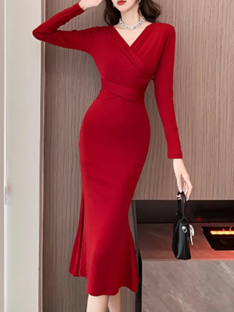 Fashion Woman Elegant Bodycon Slim Midi Dress Vintage Sexy Casual Lace-up Prom Party Dresses Chic Solid Female Women Prom - Women Contemporary