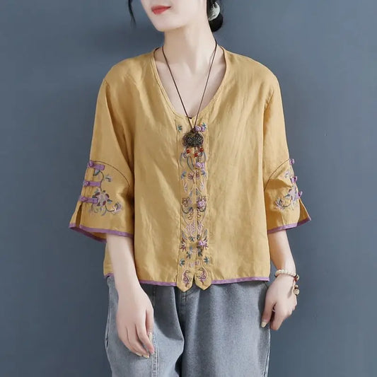 Retro Embroidered Knot Button Cotton Shirt Womens Summer New Chinese Zen Tea Gown Loose Short V-neck Women Tops