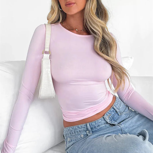 Woman Summer Slim Cropped Top Solid Color T-shirt Long Sleeve Round Neck Show Navel Base Blouse Streetwear Women Casual - Women Tops