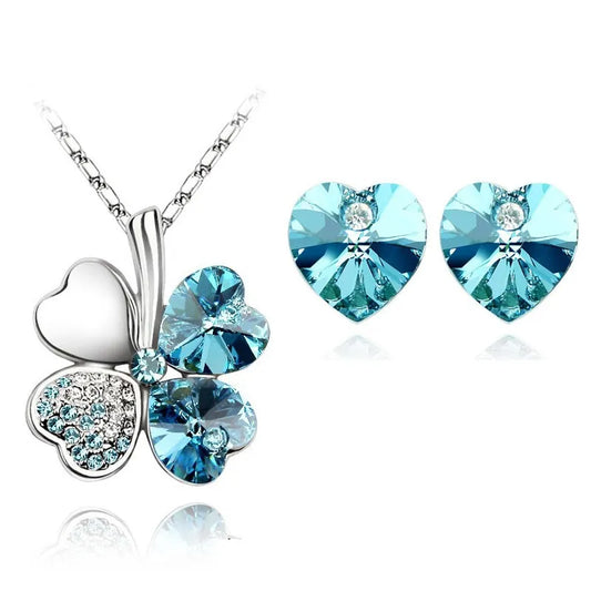 Crystal Clover 4 Leaf Heart Pendant Necklace Earrings fashion jewellery set office charm lover floating quality birthday gift - Women Jewellery - Girl Jewellery