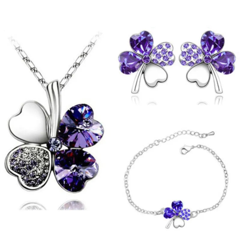 Crystal Clover 4 Leaf leaves heart pendant Jewelry sets necklace earrings bracelet women lovers cute romantic gifts summer party - Women Jewellery - Girl Jewellery