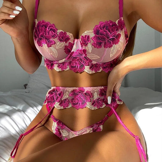 Yimunancy 3-Piece Embroidery Lace Bra Set Woman Floral Bra Underwire + Thong Underwear Set Sexy Women Lingerie