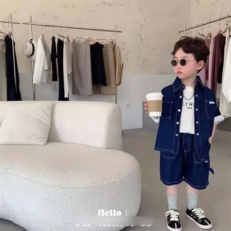 Spring Summer Kids outfit Children Clothes Boys Suit Denim  Tops + Jeans Pants 2Pcs/Set Infant Casual Outfits  2-12 years Boy shorts - Girls Short