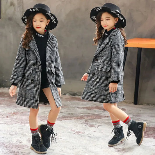 Fashion Plaid Wool Coat Girls Double-breasted Kids Outerwear Autumn Thick Winter Clothes Girls 6 8 10 12 14Yrs girl jacket