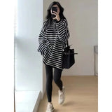 Fashion O-Neck Loose All-match Striped T-Shirt Female Clothing Autumn Winter New Pullovers Korean Women Tops - Women Casual