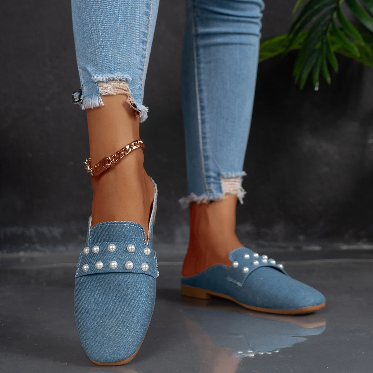 New Summer Fashion Denim Low Heels Elegant Pearl Women Shoes