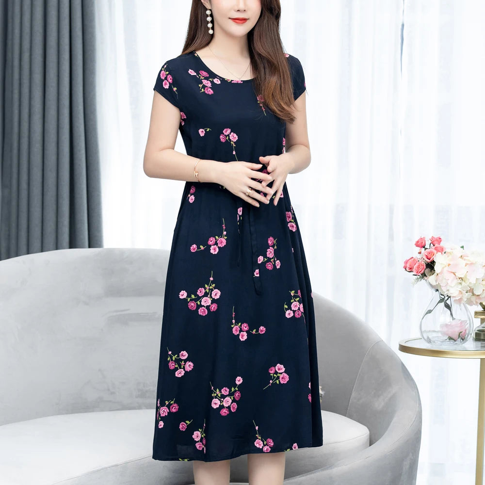 New Fashion Loose Summer Dress For Woman Plus Size Clothes Print Elegant O-neck Short Sleeve Natural Woman Casual