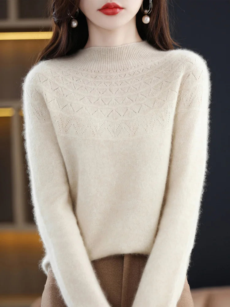 Long Sleeve Autumn Winter Women Sweater 100% Merino Wool Hollow Mock Neck Cashmere Knitted Pullover Female Clothing Basic Women tops & Teas