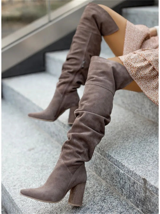 Winter Designer Luxury High Heels Plus Size  Faux Suede Elegant Pointed  Kover The Knee Boots Girls Shoes