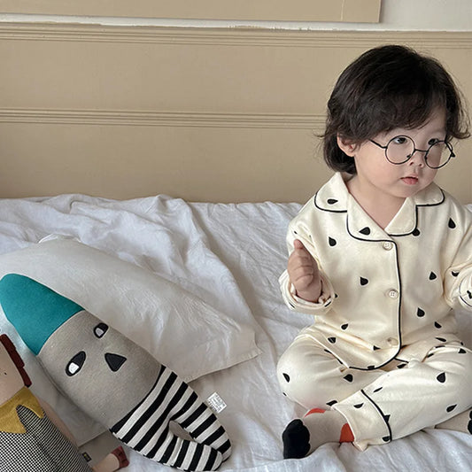 2-6Years Kids Toddler Autumn Korean Homewear Cartoon Lapel Top+ Pants Pajamas Set Nightwear Outfits Boys Sleepwear - Girls Sleepwear