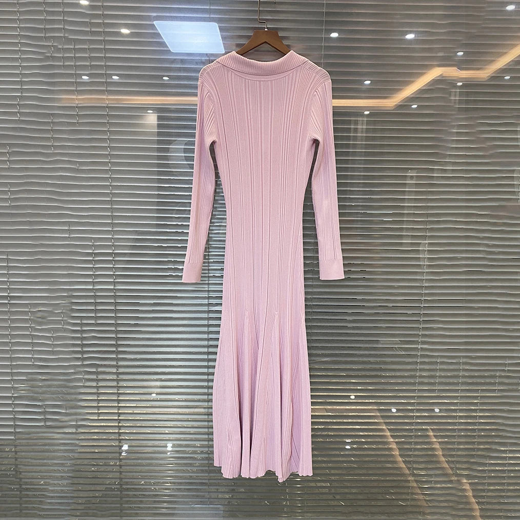 Women's pink knitted medium-length dress senior sense of fashion temperament polo collar waist-skimming long dress new Women Dress For Work