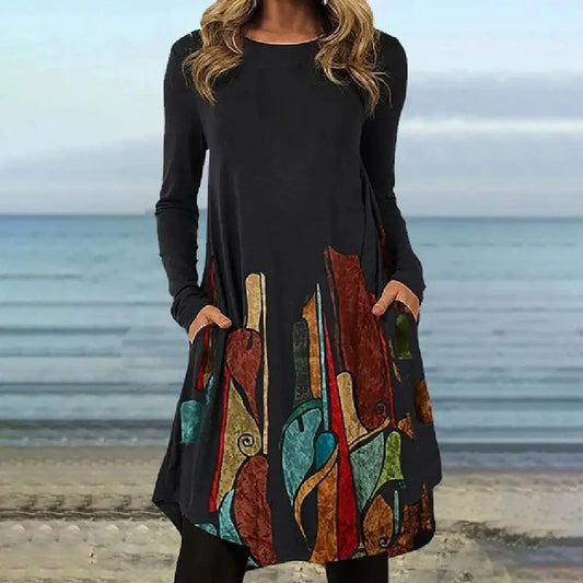 Autumn Dress Pockets Big Hem Ethnic Print Long Sleeves Crew Neck Warm Vintage Plus Size Women Dress For Work