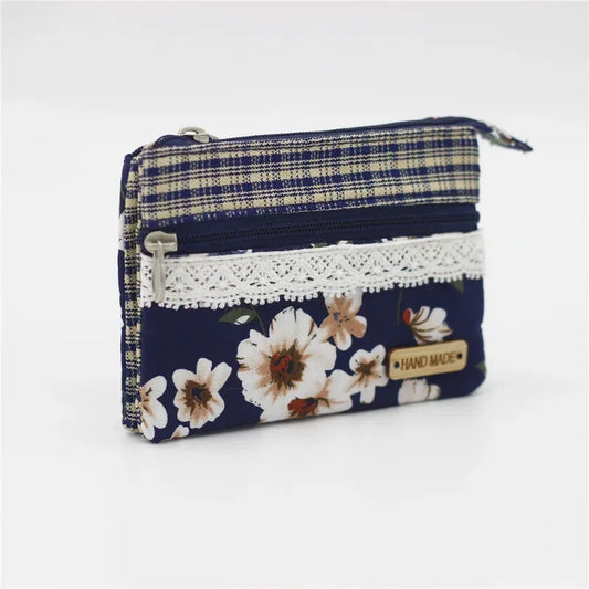 Fashion Flower Multi-layer Cotton Fabric Coin Card Wallet Small Change Bag Retro Canvas women purse