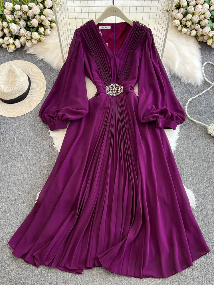 Aibeautyer New Spring Summer Solid Slim Full Lady Dress A Line V Neck Lantern Sleeve Chiffon Pullover Women Casual - Women Plus Size Clothing