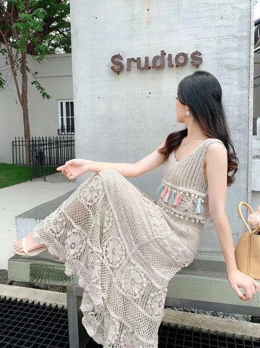 Woman Hook Flower Hollow High Waist Sexy Knit Full Skirt Party Fashion Vintage  A-line Chiffon Skirt  Summer Women Casual Clothing