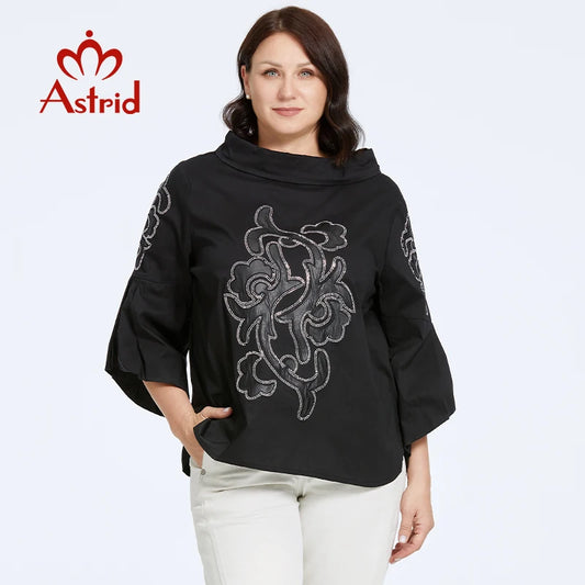 Astrid Women's T-shirt Loose Cute Top Female Dating Tee Blouse Flared Sleeve Stand-Up Collar Diamonds Fashion Clothing Women Plus Size Clothing
