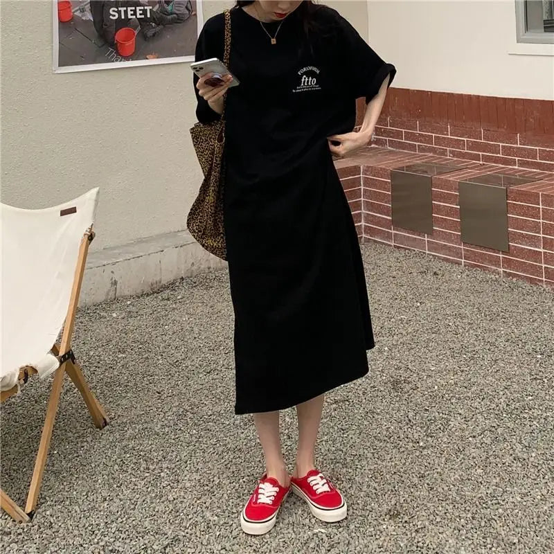 Summer New Letter Printing T-Shirt Dress Short Sleeve Round Neck Plus Size Loose Midi Dress Fashion Clothing Women Casual - Women Dress For Work