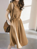 Summer New Light Luxury Imitation Mulberry Silk Shirt Skirt Over-the-knee Lace-up Dress Single-breasted Women Work Dress