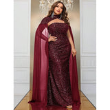 Luxurious Strapless Cape Wedding Shiny Long Evening Gown 5XL6XL Big Size Banquet Festive Sequin Dress for Women Plus Size Clothing - Women Prom