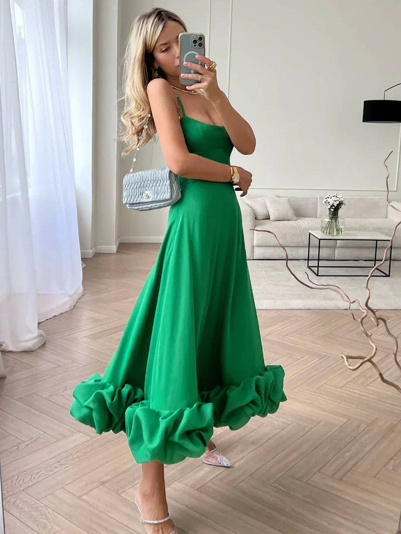 Woman Spaghetti Strap A-line Ruffles Pink Evening Dresses Elegant Sweet Sleeveless Backless Zip-up Green Party Dress Women Prom - Women Tees