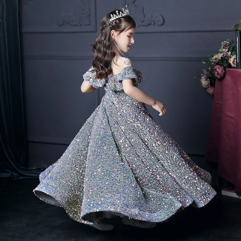 Girl's Western Style Evening Dress Flower Girl Sequined Catwalk Host Piano Performance Princess Dress