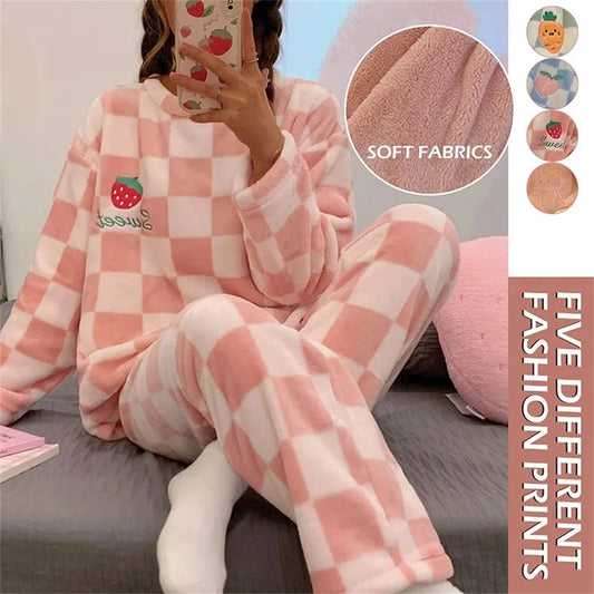 Autumn Winter Kawaii Cartoon Pajama Sets Woman Pyjamas Plaid Flannel Sleepwear Girl Pijama Night Suits Homewear Pj Suit Women Lounge