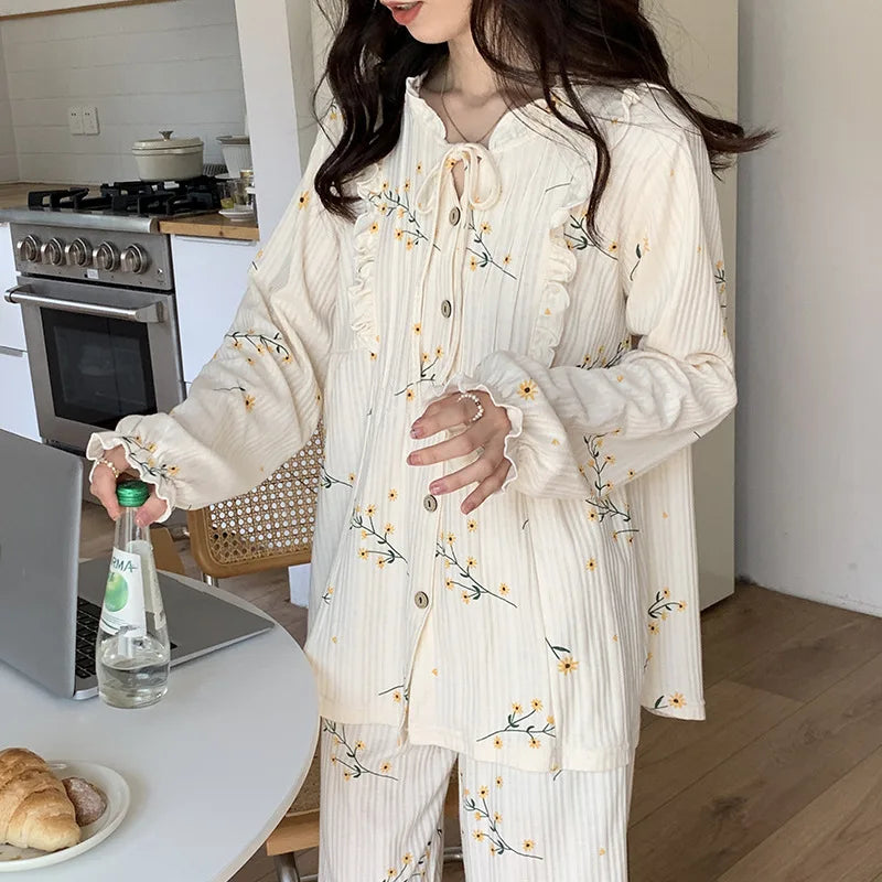 Spring Autumn Knitted Cotton Leisurewear Pajamas Woman Fashion Sleepwear Suit Long Sleeve Print Female Loungewear Women Lounge