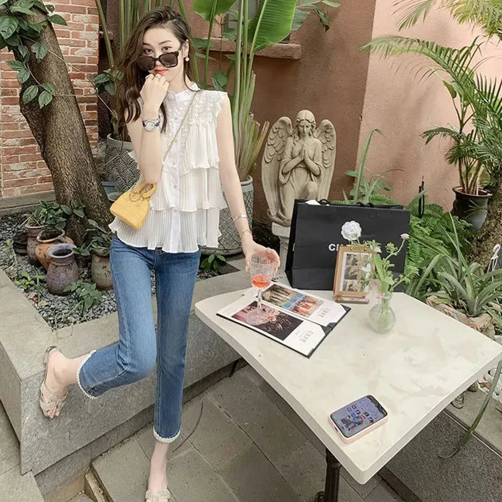 Temperament Round Neck Hollow Lace Sleeveless Shirt Women's Summer New Western Style Design Sense Niche Trend Cardigan Women Tops - Women Prom