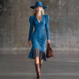 Western Retro Tassel Dresses for Women Sexy V-neck Puff Sleeve Slim Hips Dress Long Sleeve Mini Dress 2026 Ladies Dress